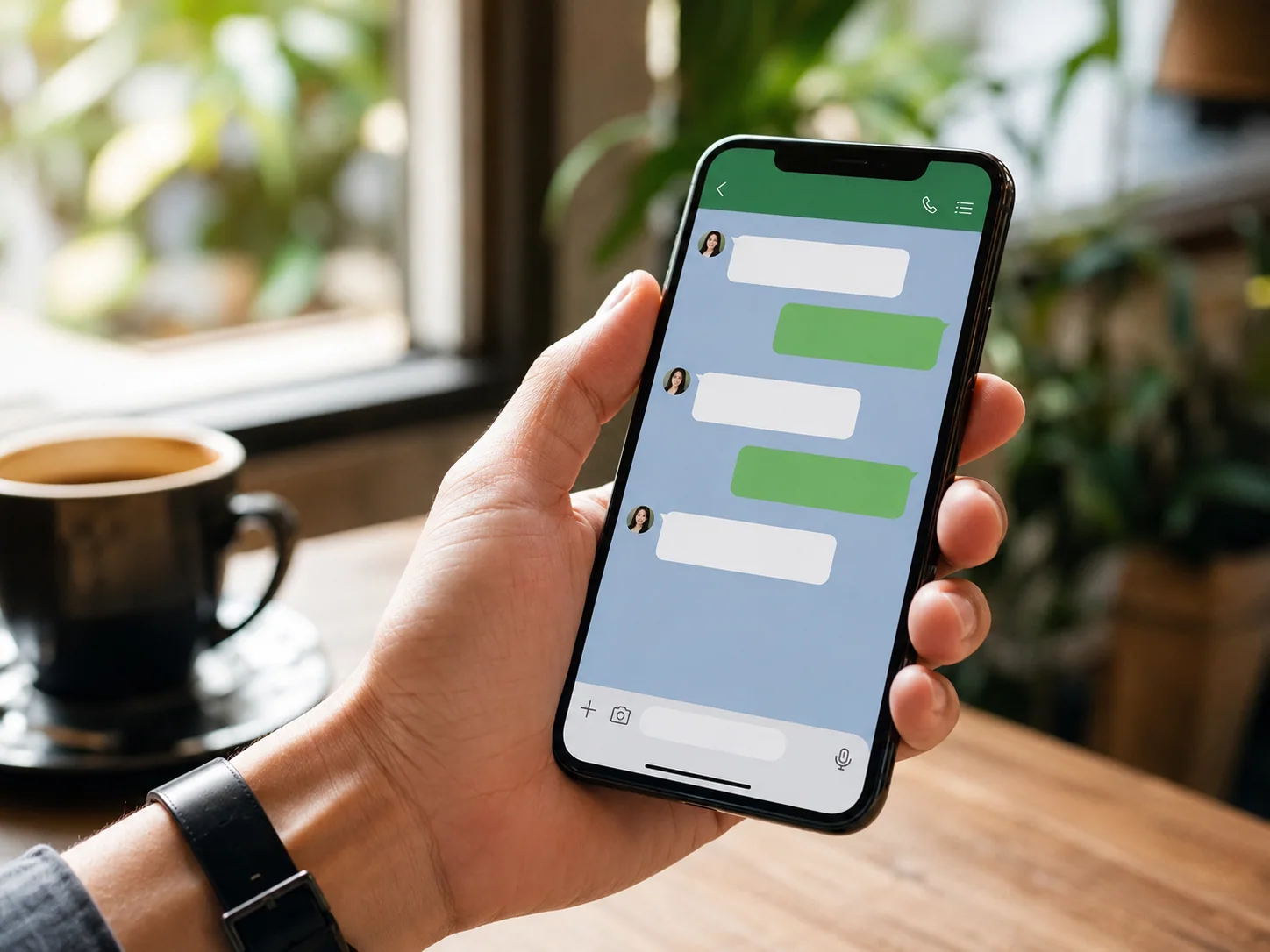スマートフォンでメッセージを確認する手元