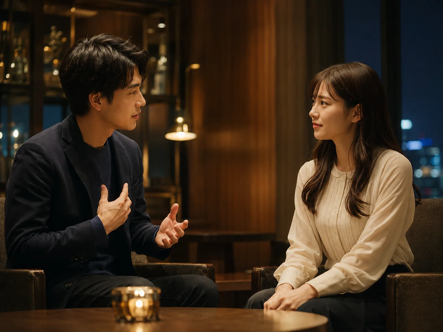 夜のレストランで語り合う参加者